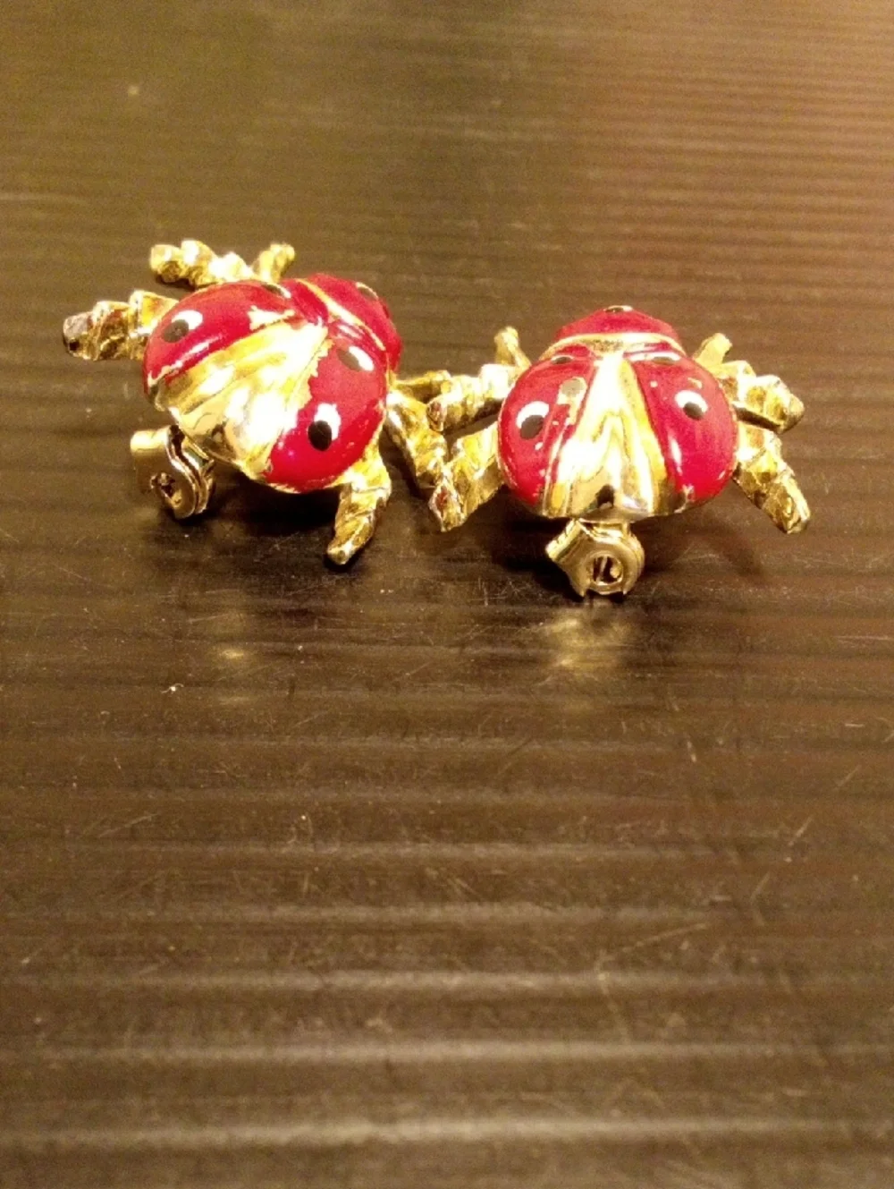 Gold-Tone Red Ladybug Brooches with Green Accents